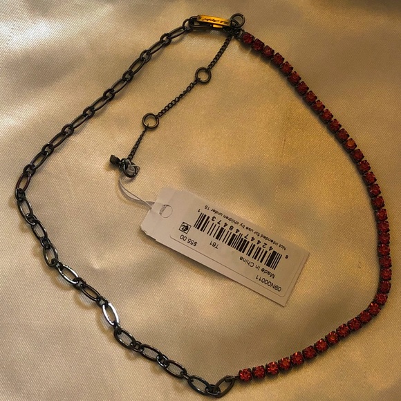 Karl Lagerfeld Hematite Tone Link & Rose Crystal Cup Chain Collar Necklace NWT - Picture 1 of 13